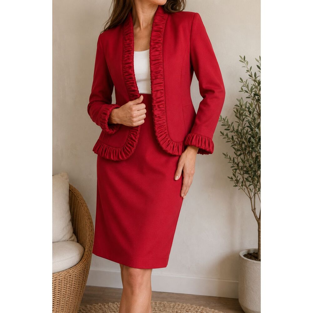 Vintage 80s Bloomingdale’s Red Ruched Skirt Suit Set USA Made Size 6